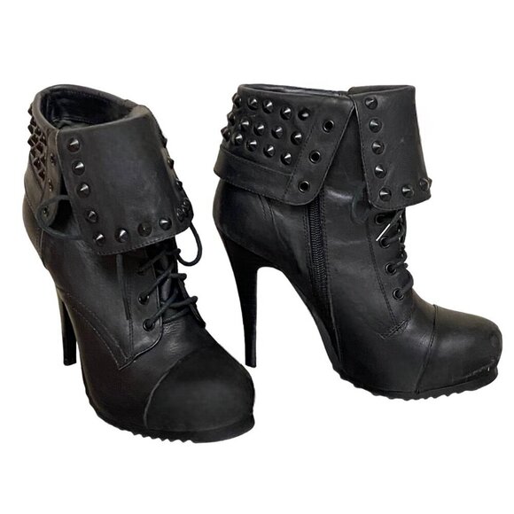 Bronx Renna Gade Studded Black Leather Heeled Booties - Picture 3 of 8
